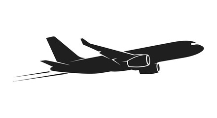 Silhouette of a modern passenger jet airplane taking off with a trail of smoke against a white background