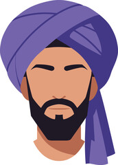 Stylized flat illustration of a man wearing a traditional purple turban and a beard representing cultural identity and heritage