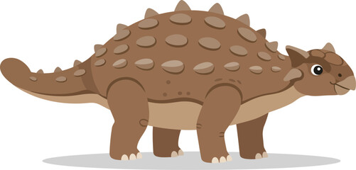 Cute cartoon illustration of a brown armored dinosaur with spikes and a club tail standing on a white background