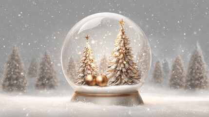 Snow globe with gold Christmas trees and ornaments on snowy winter background festive holiday decoration glass crystal ball mockup with copy space for branding greeting cards and product display