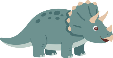 Cute cartoon triceratops dinosaur with three horns and frill on its head standing on white background isolated