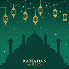 Lettering, Illustration Ramadan Kareem with Beautiful Mosque Silhouette and Festive Lanterns, Vector Calligraphy Design, Usable for Poster, Banners, Postcards, Wallpaper, Gifts etc.