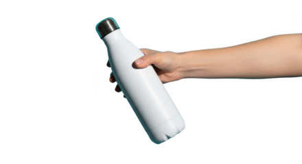 Person holding white water bottle with silver cap isolated on transparent background
