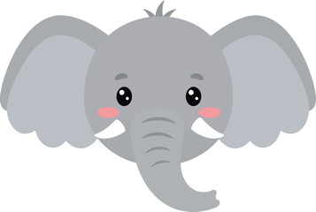 Adorable cartoon elephant face with big ears and tusks featuring rosy cheeks and a friendly expression perfect for children s designs