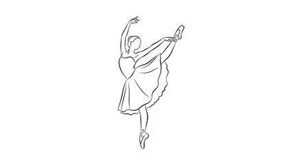 Elegant line art drawing of a graceful ballerina performing a dynamic leap with flowing hair and skirt © MIRAJ02