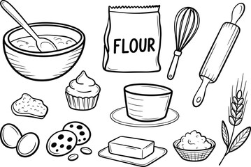 Black and white baking ingredients line art &mdash; flour, eggs, butter, rolling pin, whisk, cookies, and cupcake illustration