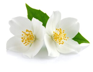 Obraz premium Close-up of delicate white flowers with yellow centers and green leaves (2)