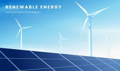 Horizontal modern and simple style renewable energy solar panel wind turbine illustration © jm