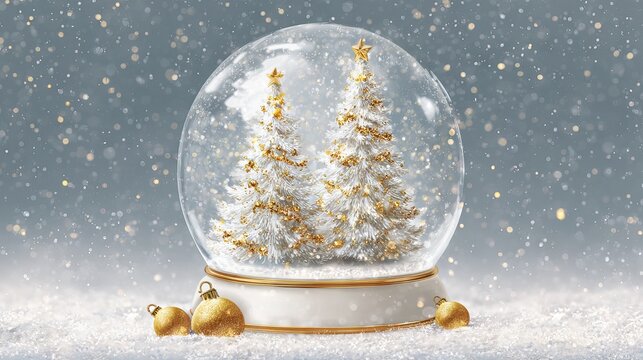 Snow globe with gold Christmas trees and ornaments on snowy winter background festive holiday decoration glass crystal ball mockup with copy space for branding greeting cards and product display