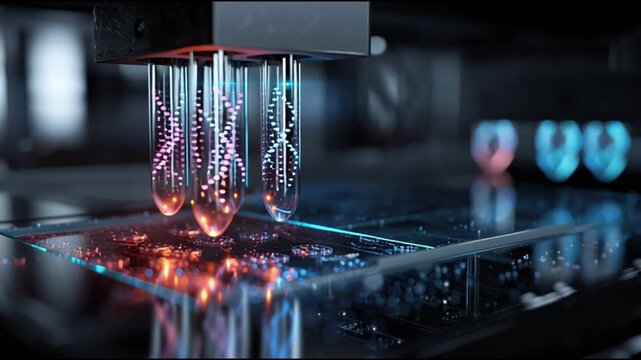 DNA Print. CRISPR innovation. AI bioengineering. Genetic engineering. Biotechnology medicine. Colorful liquids in test tubes on a high-tech lab surface.