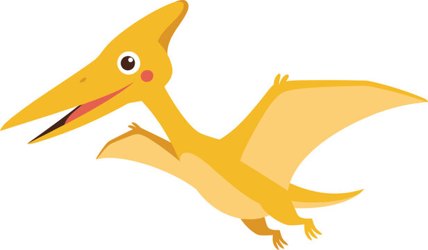 Adorable cartoon illustration of a bright yellow pterodactyl flying with wings spread wide against a clean white background