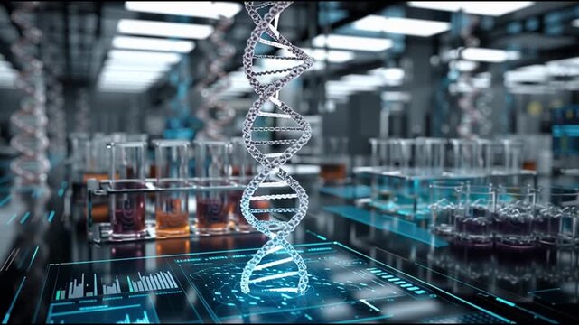 DNA Print. CRISPR innovation. AI bioengineering. Genetic engineering. Biotechnology medicine. A lab scene featuring a digital DNA model with test tubes.