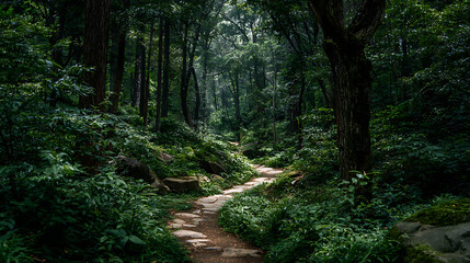 Obraz premium A winding path through a dense forest symbolizing the quest for self-awareness 