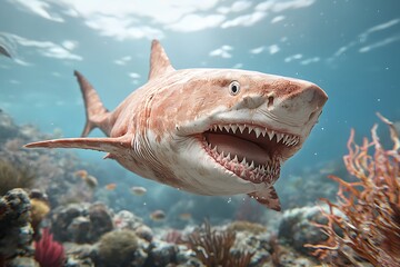 Detailed Close-Up of a Shark Swimming Through Vibrant Coral Reef Underwater Environment