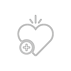 Obraz premium Vector illustration of heart with plus sign symbolizes adding to favorites, health, love, or a positive addition, presented in a clean, minimalist line art style