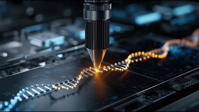 DNA Print. CRISPR innovation. AI bioengineering. Genetic engineering. Biotechnology medicine. A close-up of a precision tool engaging with a circuit board.