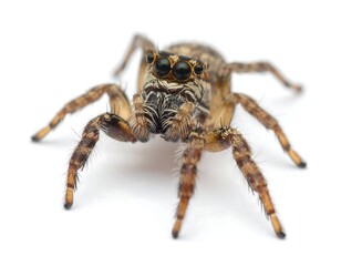 Close-up perspective of a small spider on a plain white background