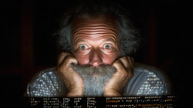 A Pensive Individual Observing a Screen Illuminated by Text, Capturing the Emotions of Concentration and Curiosity in a Dimly Lit Environment