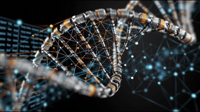 DNA Print. CRISPR innovation. AI bioengineering. Genetic engineering. Biotechnology medicine. A detailed 3D representation of a DNA strand with molecular connections.