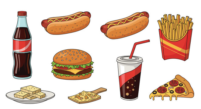 A delightful vector illustration set showcasing popular fast food items including juicy burgers, hot dogs, crispy fries, pizza, and fizzy drinks.