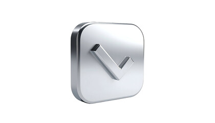 Shiny, metallic, square icon with a downward facing checkmark on a black background