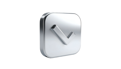 Shiny, metallic, square icon with a downward facing checkmark on a black background