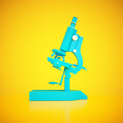 Colorful blue microscope on a bright yellow background showcasing scientific research tools and equipment for education in the classroom