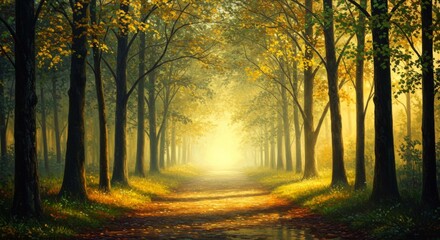 Autumnal forest path with golden light