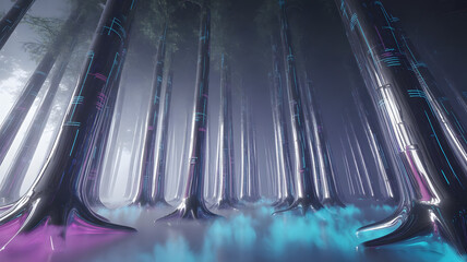 Futuristic Forest with Chrome and Neon Trees