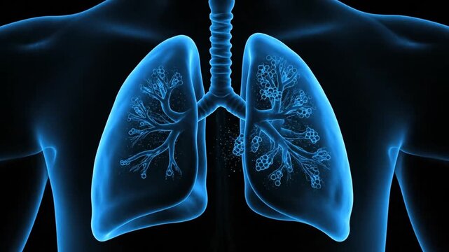Human Lungs Alveoli Anatomy Animation on Dark Background Luminous Blue X Ray Visualization of Pulmonary System Bronchial Tree for Medical Research or Healthcare Promotion