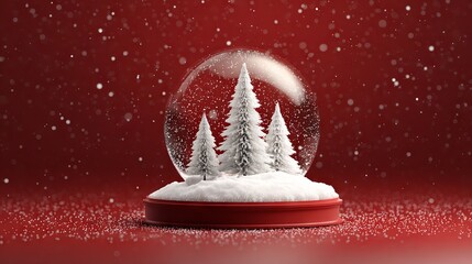 Empty Christmas snow globe on snowy base with fir trees realistic 3D transparent glass ball on red background festive winter podium scene for holiday banner poster product display branding mockup