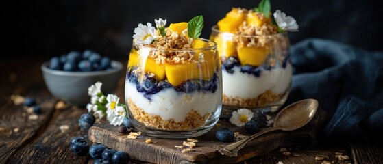 Obraz premium Delicious layered dessert with fruits granola yogurt and flowers against transparent background