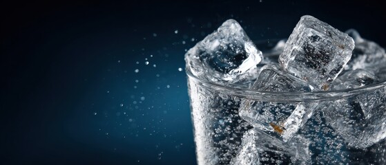 Close up of glass with ice cubes and water sparkling bubbles transparent background