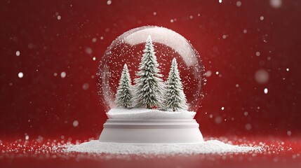 Empty Christmas snow globe on snowy base with fir trees realistic 3D transparent glass ball on red background festive winter podium scene for holiday banner poster product display branding mockup
