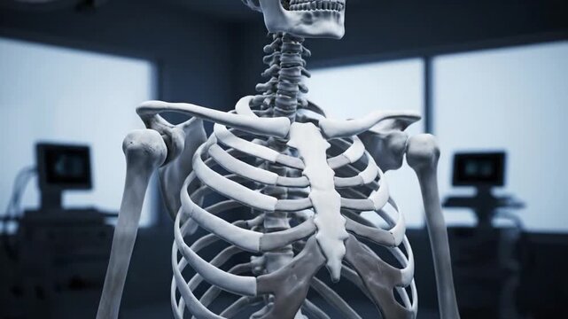 Human Skeleton Anatomy in 3D Animation Displaying Ribcage Vertebrae and Skull Structure in Hospital Setting Demonstrating Biomedical Visualization and Medical Education Purposes