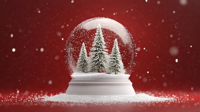 Empty Christmas snow globe on snowy base with fir trees realistic 3D transparent glass ball on red background festive winter podium scene for holiday banner poster product display branding mockup
