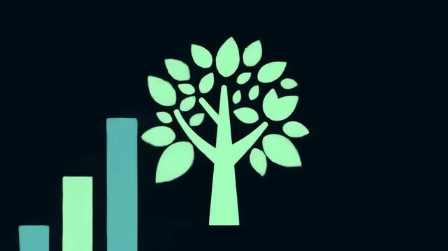 Green Business Growth Concept Featuring a Leafy Tree and Rising Bar Graph on a Dark Background, symbolizing sustainable investments and environmental awareness.