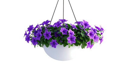 A hanging basket brimming with vibrant purple flowers and lush green foliage on black background