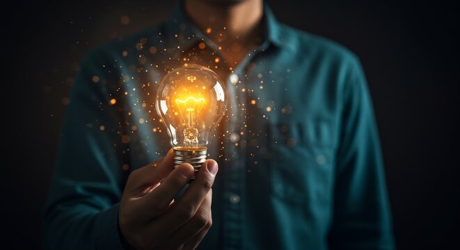 Person holding a glowing light bulb with sparkling particles, symbolizing a new idea or inspiration