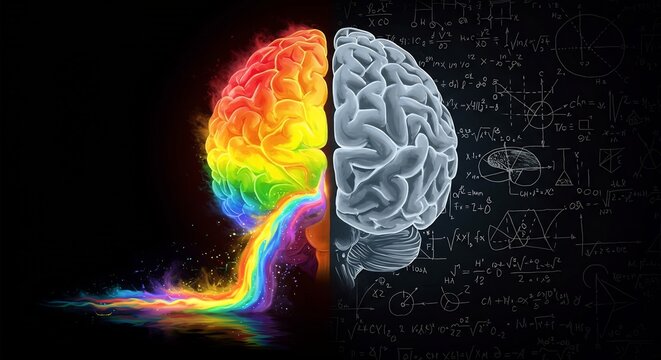 Human Brain Illustrating Creative and Logical Hemispheres with Formulas