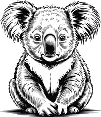 Black and white detailed illustration of a cute koala sitting with fluffy fur and large ears on white background