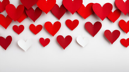 Red and white paper hearts on white background