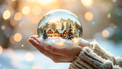 Cozy winter village nestled in a magical snow globe held gently in warm hands, evoking holiday cheer and nostalgic dreams.