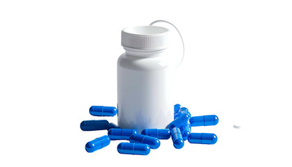White pill bottle, open, surrounded by blue capsules against a black background