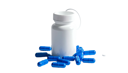 White pill bottle, open, surrounded by blue capsules against a black background