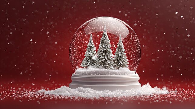 Empty Christmas snow globe on snowy base with fir trees realistic 3D transparent glass ball on red background festive winter podium scene for holiday banner poster product display branding mockup