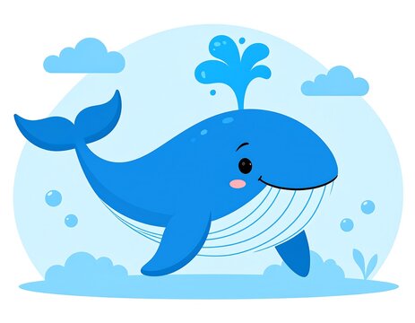 A friendly cartoon whale spouting water, with clouds and bubbles