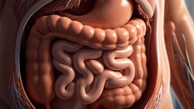 Realistic 3D Model of the Human Digestive System Anatomy Featuring Stomach, Intestines, and Blood Vessels in a Medical Setting for Educational and Scientific Purposes 198 char