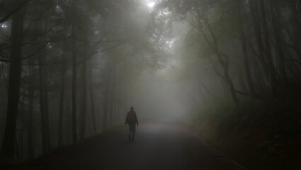 Lone Silhouette Walking on a Misty Road Through a Mysterious Foggy Forest