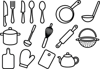 Black and white kitchen utensil illustration set — vintage cooking tools vector art for culinary design, posters, and home decor